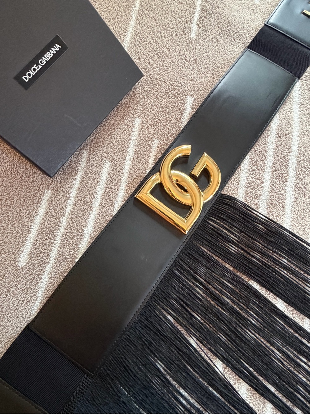 Dolce & Gabbana Runway Black Leather Fringe Belt with Gold DG Buckle